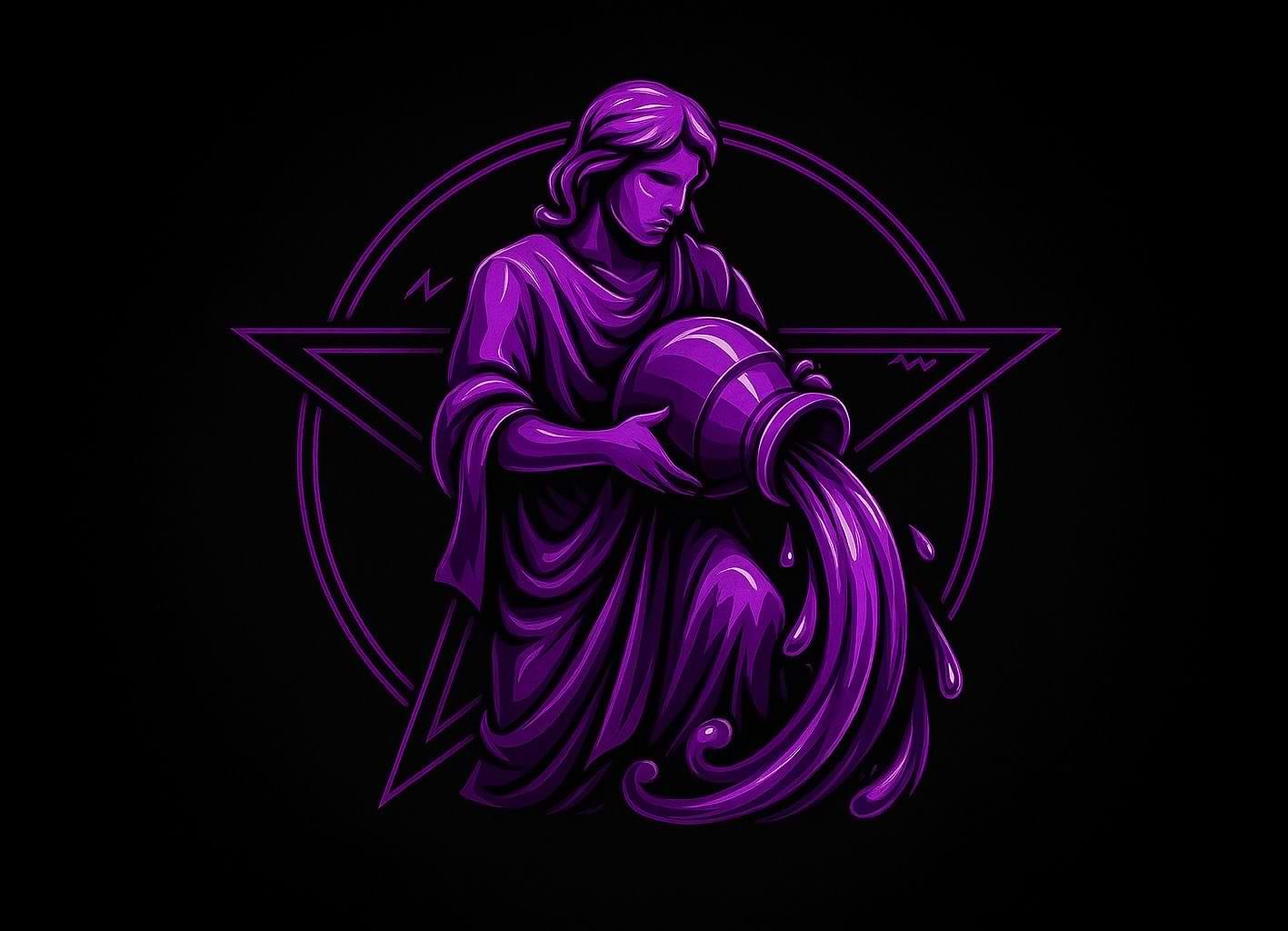 Purple Aquarius waterbearer with jug, framed by a pentagram on black background